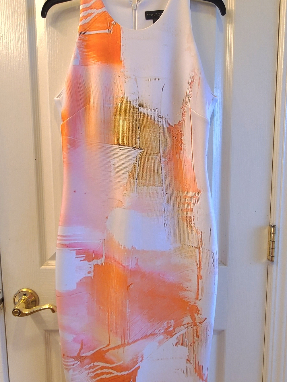 Donna Karan Abstract Midi Sheath Dress in Peach, Gold and White